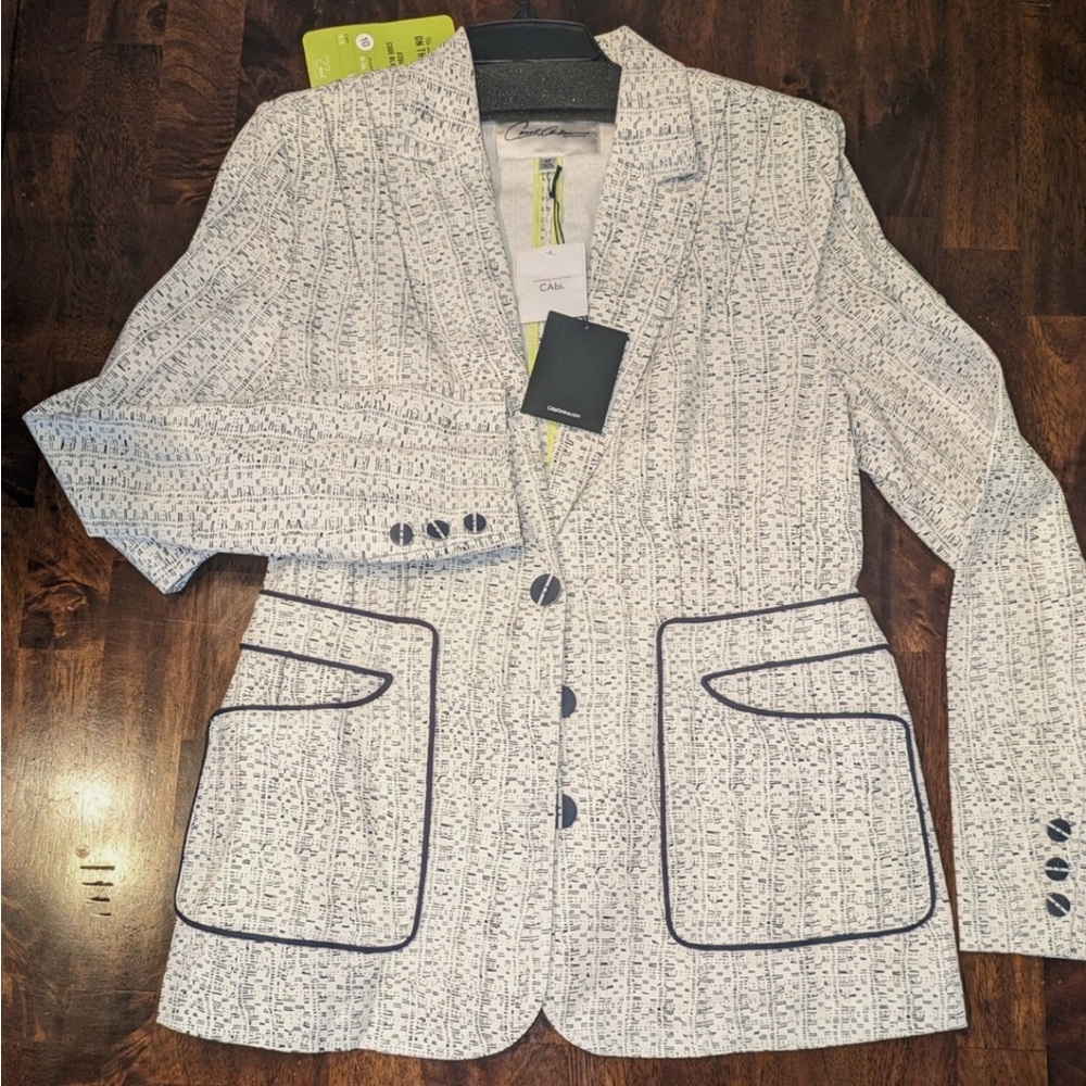 CAbi Navy and White Tweed Blazer with Notched Lapels